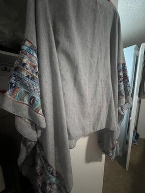 Three Bird Nest Light Gray Boho Poncho with Multicolor Embroidered Sleeves